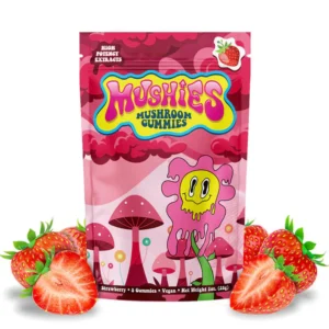 mushies mushroom gummies with a trendy package and strawberries.mushies mushroom gummies strawberry flavor back package showing product facts. mushies mushroom gummies strawberry