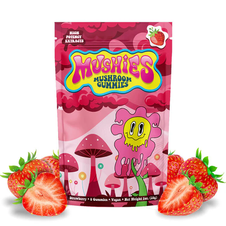 mushies mushroom gummies with a trendy package and strawberries.mushies mushroom gummies strawberry flavor back package showing product facts. mushies mushroom gummies strawberry