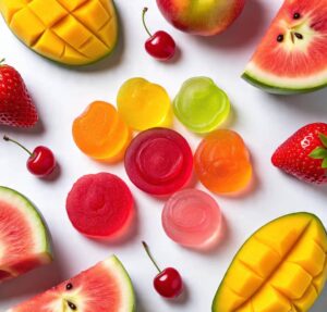 Different flavors of TRE House mushroom gummies inspired by fresh fruit